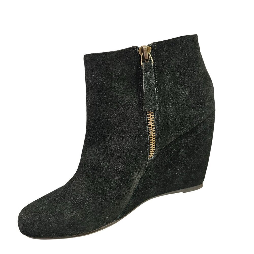 Joie Angel Suede Black Wedge Bootie Women Shoe Sz 38/7 Zio Close 3.75" Heel NEW